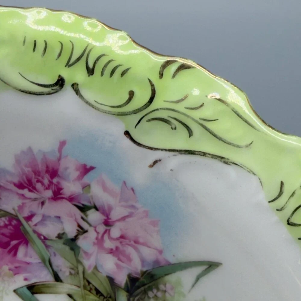 Antique Hand Painted Porcelain 10” Serving Bowl Pink Green Gilt Floral